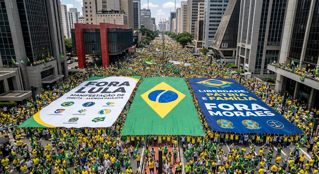 Multidão erguendo a bandeira do Bandeiraço na Paulista